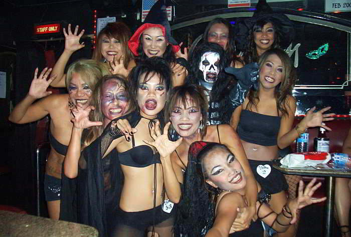 Scary looking Thai bar girls at Halloween in Classroom Agogo, Pattaya Thailand