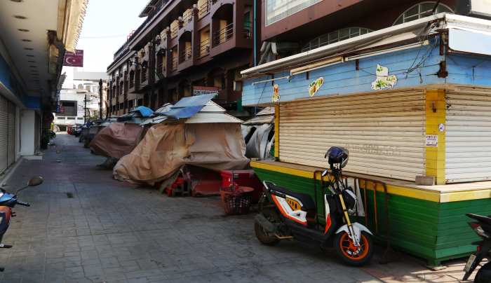 Shuttered stalls on Pattaya City Walk during the coronavirus pandemic, January 2021