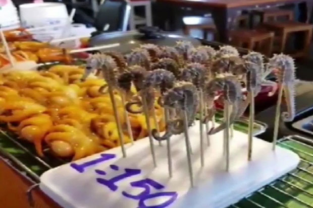 Grilled seahorses on sale for 150 baht each at the Pattaya Floating Market, before they were banned. (Photo by Chaiyot Pupattanapong)