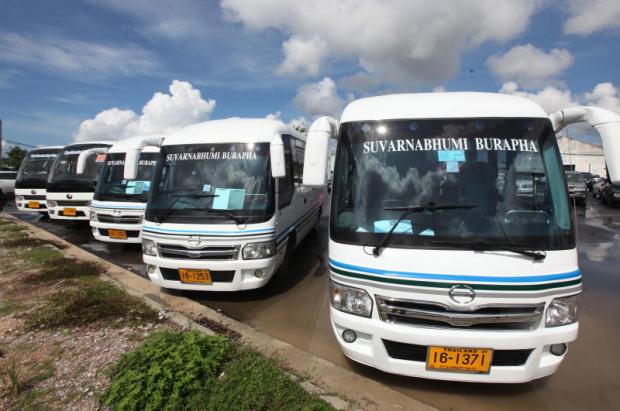 Air-conditioned buses are parked and ready to shuttle people from U-Tapao International Airport in Rayong to Chon Buri, Chanthaburi and Trat. The new routes were launched at the airport yesterday after a ceremony presided over by Department of Land Transport chief Sanith Phromwong. Thiti Wannamontha