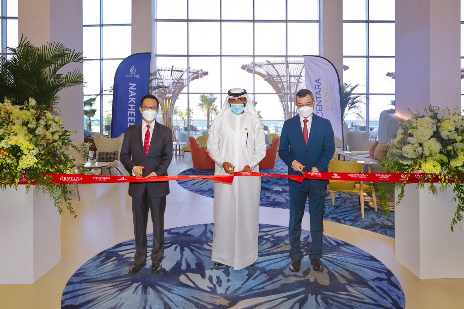 Pictured from left are Mr Suparat, H.E. Mohammed Al-Shaibani, and Mr Thirayuth at the ribbon-cutting ceremony that marks the debut of Centara Mirage Beach Resort Dubai.