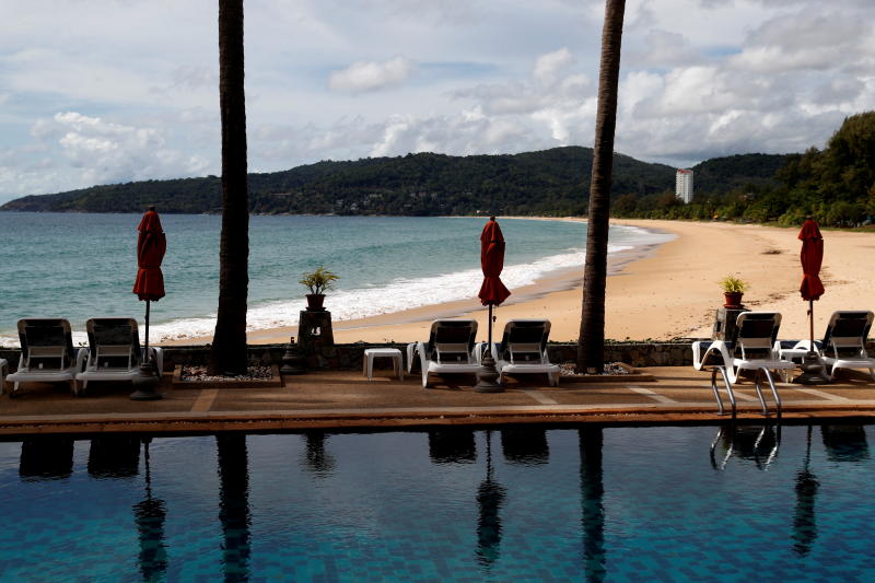 An empty hotel and beach which have opened for visitors is seen in Karon in Phuket on March 31, 2021. (Reuters photo)